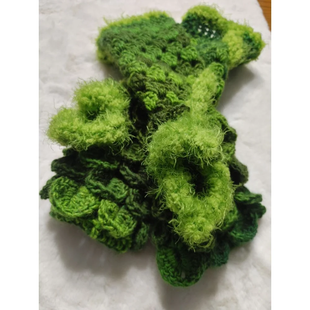 Grinch Handmade Crocheted Drangonscale Green Fuzzy Fingerless Gloves Armwarmer